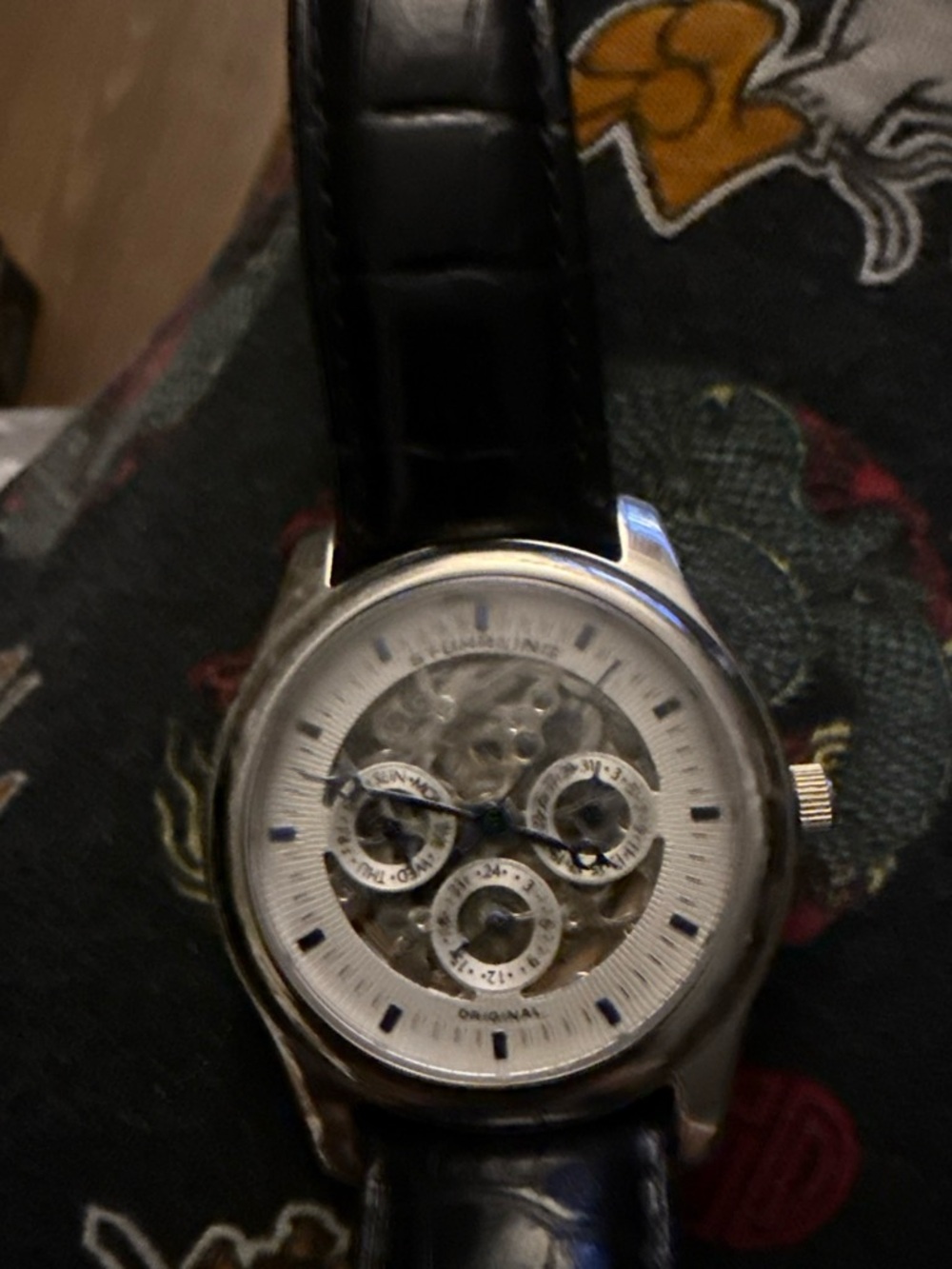 Men's Black Leather Strap Silver Skeleton Dial Watch